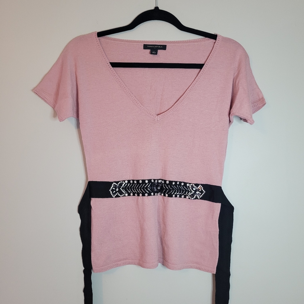 Banana Republic Mauve Bejeweled Waist Short Sleeve Sweater
